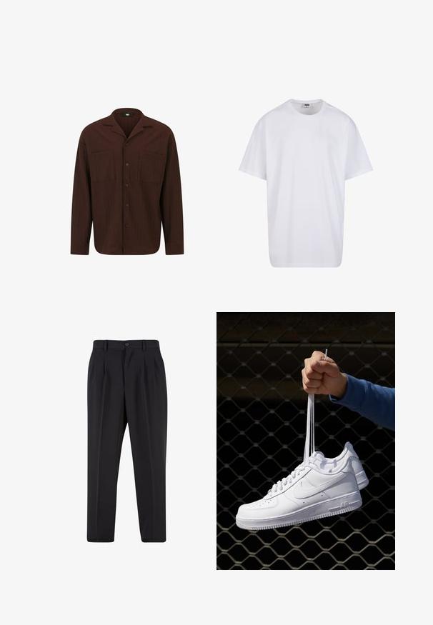 Barna gombos ing, amely texturált anyagból készült, gallérral, két elülső zsebbel és hosszú ujjal, egyenes aljú.; Fehér pamut póló rövid ujjal, kerek nyakú, laza szabású, és nincsenek látható logók vagy minták. Simább textúra és minimalista dizájn.; Fekete nadrág, pliszézett elejű dizájnnal, sima anyagból készült. Gombos záródás és övhurkok jellemzik; egyenes szabású.; Fehér bőr sportcipők perforációval, kerek orral, lapos talppal és vastag fűzőkkel, látható swoosh logóval és "AIR" felirattal a sarokrészen.