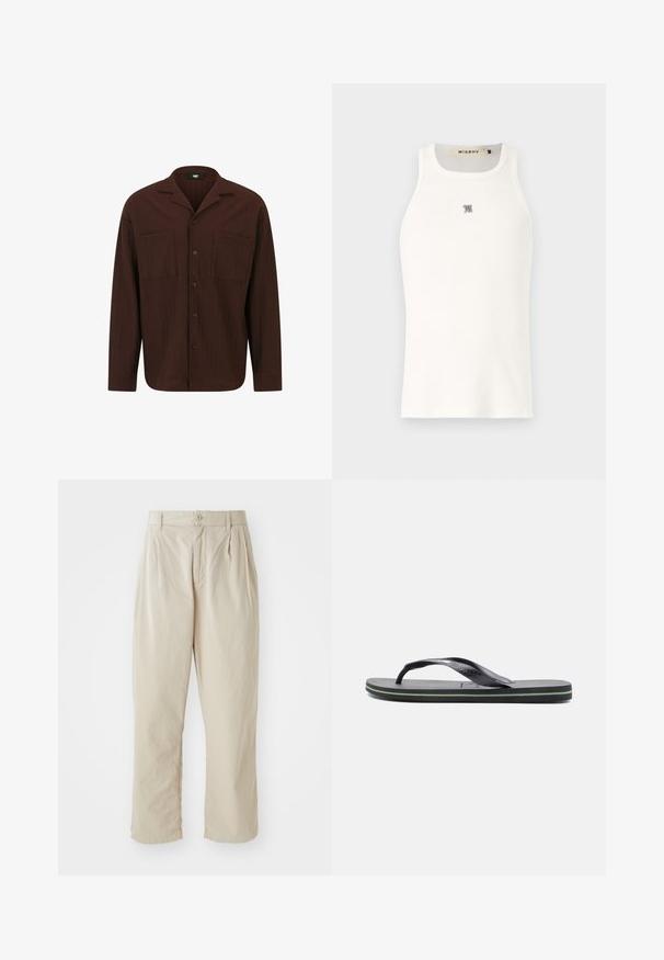 Camicia marrone con bottoni realizzata in tessuto testurizzato, con colletto, due tasche frontali e orlo dritto con maniche lunghe.; Canotta bianca senza maniche realizzata in tessuto a coste, con un piccolo logo grigio sul petto. Design semplice con scollatura a girocollo.; Pantaloni beige leggeri con vestibilità rilassata, pieghe cucite davanti, chiusura con bottone e orli risvoltati. Texture liscia, design minimal.; Infradito neri con una suola testurizzata, cinturini sottili e una suola in gomma con una linea di accento verde e blu lungo la base.