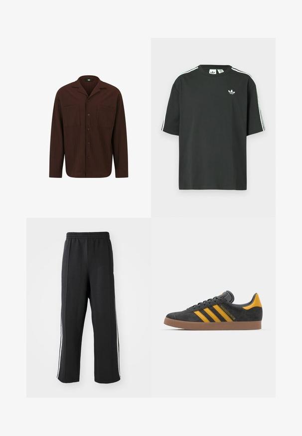Brown button-up shirt made from textured fabric, featuring a collar, two front pockets, and a straight hem with long sleeves.; Black cotton t-shirt with short sleeves, crew neckline, and white three-stripe detailing on shoulders. Features a small white logo on chest.; Black sweatpants with an elastic waistband, featuring white side stripes and a relaxed fit. Made from soft, stretchy fabric.; Black suede sneaker with yellow accents, featuring three stripes and a brown rubber sole. Includes a padded tongue for comfort.