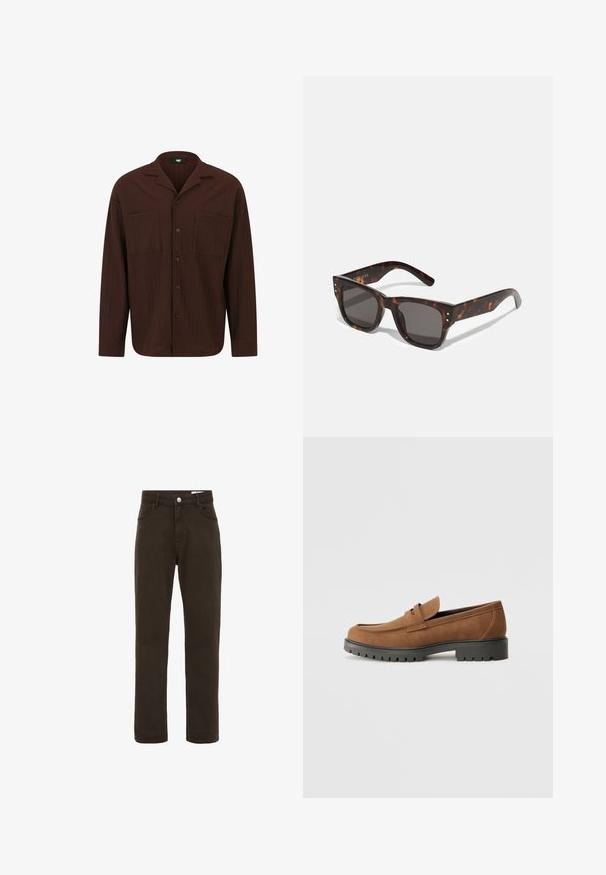Braunes Hemd mit Knopfleiste aus strukturiertem Stoff, mit Kragen, zwei vorderen Taschen und geradem Saum mit langen Ärmeln.; Braune Baumwolljeans mit geradem Bein, ausgestattet mit einem Frontknopfverschluss, Gürtelschlaufen und zwei Seitentaschen.; Braune Wildlederslipper mit runder Zehenpartie und einer niedrigen schwarzen Gummisohle, die über einen dekorativen Riemen und Nähte auf dem Obermaterial verfügt.; Sonnenbrille aus Schildpatt mit dunklen Gläsern, quadratischem Rahmen und silbernen Akzentnieten auf der Vorderseite. Aus Kunststoff, leicht und langlebig.