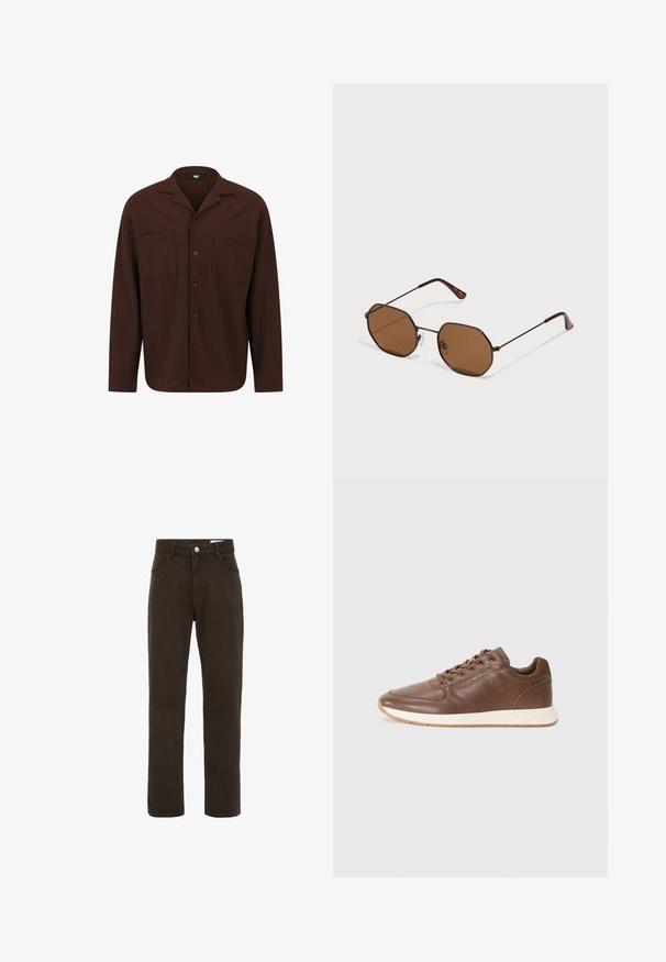 Hnědá košile na knoflíky vyrobená z texturované látky, s límcem, dvěma předními kapsami a rovnými lemy s dlouhými rukávy.; Hnědé bavlněné džíny se střihem rovného nohavice, s předním zapínáním na knoflík, poutky na opasek a dvěma bočními kapsami.; Tommy Hilfiger HYBRID - Tenisky - legacy brown; Hnědé osméhranné sluneční brýle s tenkými temnými kovovými rámy, nastavitelnými nosními podložkami a hnědými tónovanými skly; sp temples mají oranžový akcent.