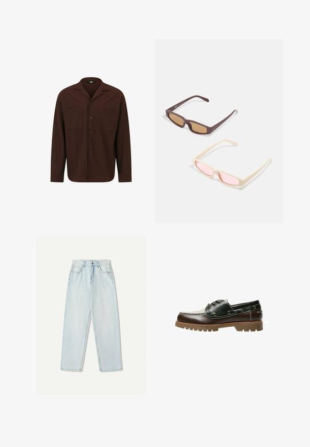 Bruine overhemd met knopen, gemaakt van textiel met textuur, met een kraag, twee voorzakken en een rechte zoom met lange mouwen.; Lichtblauwe denim jeans met een relaxte pasvorm, recht model, vijf zakken en subtiele vervaging in de stof.; Bruine en groene leren bootschoen met een witte gestikte design, ronde veters en een gestructureerde rubberen zool. Duurzame constructie met metalen veteroogjes.; Twee paar zonnebrillen: de ene bruin met bruin getinte lenzen, de andere crème met roze getinte lenzen; beide hebben een slank rechthoekig ontwerp.