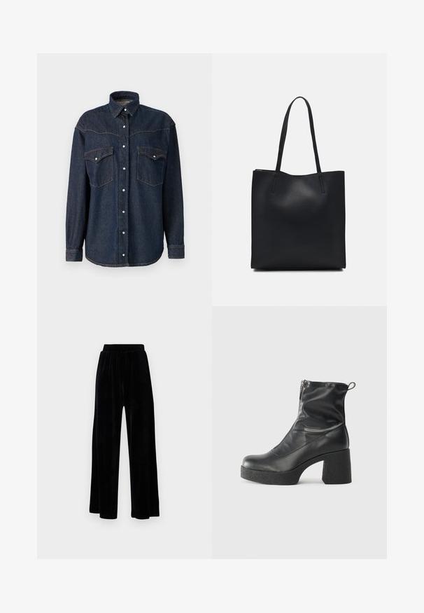 LOIS Jeans THE RAFAEL NOAD GOODSTUFF - Košilová halenka - dark blue; Černé kalhoty širokého střihu vyrobené z měkkého sametu, s elastickým pasem a hladkým povrchem, bez viditelných detailů nebo vzorů.; Černé kotníkové boty vyrobené z hladké kůže, s bočním zipem, robustním strukturovaným podpatkem a kulatou špičkou.; Černá kožená taška přes rameno s hladkým povrchem, obdélníkovým tvarem a dvěma dlouhými uchy. Žádné viditelné kování ani ozdoby.