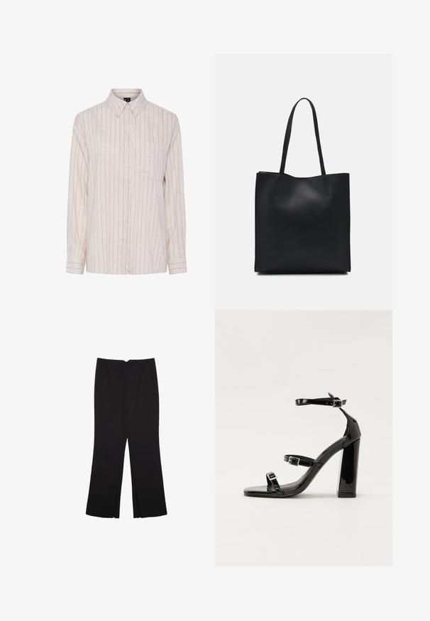 Hellbeige Hemd mit Knöpfen, vertikalen dunklen Streifen, langen Ärmeln, einem Kragen und einer Brusttasche. Hergestellt aus einem strukturierten Stoff.; Schwarze Hose mit geradem Schnitt, ausgestattet mit Fronttaschen und Seitenschlitzen am Saum. Hergestellt aus weichem, glattem Stoff. Geeignet für verschiedene Anlässe.; Schwarze patentierte Sandalen mit Absatz, quadratischer Spitze, Knöchelriemen und silbernen Schnallen. Mit einem stabilen Blockabsatz für mehr Stabilität.; Schwarze Laptoptasche aus Leder mit glatter Textur, rechteckiger Form und zwei langen Griffen. Keine sichtbaren Beschläge oder Verzierungen.
