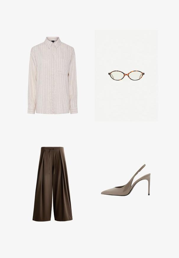 Light beige button-up shirt with vertical dark stripes, long sleeves, a collar, and a chest pocket. Made from a textured fabric.; Brown wide-leg trousers made of a textured fabric, featuring a drawstring waistband and front pleats.; Beige patent leather slingback high heels with a pointed toe and a sleek design, featuring a thin high heel and a cutout detail on the side.; Tortoiseshell eyeglasses with oval lenses and a sleek, smooth finish. Features thin sides with a subtle curve at the temples. Clear lenses.