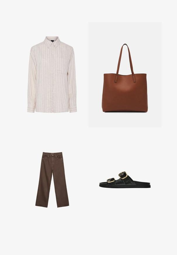 Świecąca beżowa koszula z długimi rękawami, w pionowe ciemne paski, z kołnierzykiem i kieszenią na piersi. Wykonana z teksturowanej tkaniny.; Szerokie brązowe dżinsy wykonane z denimu, z wysokim stanem, przednimi kieszeniami i klasycznym zapięciem na guzik. Gładka faktura z subtelnym przeszyciem.; Czarne klapki z dwoma złotymi klamrami, gładki materiał, płaska podeszwa i minimalistyczny design.; Brązowa skórzana torba tote o gładkiej fakturze, z otwartym wierzchem i dwoma ramiączkami. Charakteryzuje się minimalnym przeszyciem i brakiem widocznych elementów metalowych.