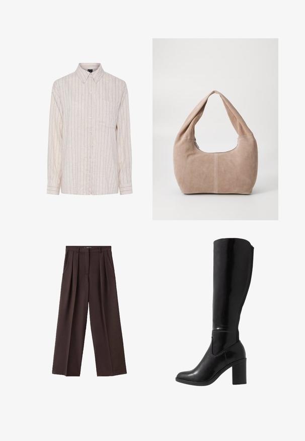 Svetlo bež srajca na gumbe z navpičnimi temnimi črtami, dolgi rokavi, ovratnik in žep na prsih. Narejena je iz teksturirane tkanine.; Rjave hlače širokega kroja, narejene iz teksturiranega materiala, z obračnimi gubami spredaj, stranskimi žepi in klasičnim dizajnom pasu.; Črne sljive do kolen z visokim peto, zaobljen toe, gladka tekstura, stranska izrezana podrobnost in širok zložen pet. / Imitacija laka.; Hobo torba iz mehkega, usnjeno podobnega materiala v svetlo bež barvi. Ima okroglo obliko, širok trak in zadrgo.; Zlato obarvani nakit s tanko verigo, veliki mat srčni obesek in manjši bleščeči srčni privesek.