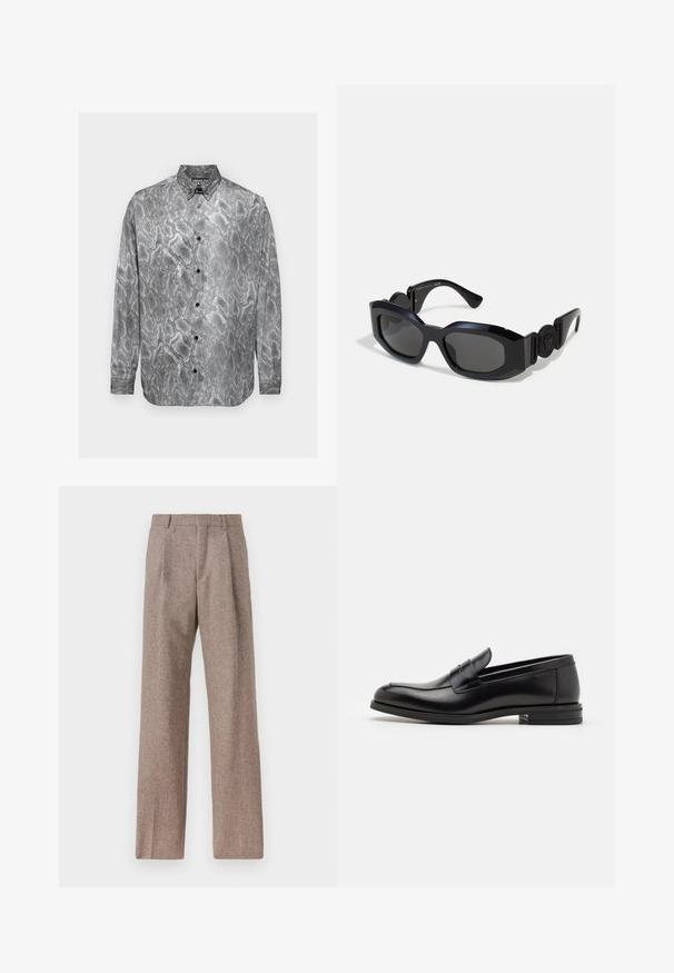 Camisa de manga larga con un diseño de estampado de serpiente en blanco y negro, estilo abotonado, y textura de tela suave con botones negros.; Pantalones marrones de cintura alta hechos de una tela texturizada. Presentan piernas anchas y dos pliegues frontales para dar estructura. Acabado limpio sin hardware visible.; Mocasines de cuero negro con una textura suave, puntera redondeada y una tira decorativa en el empeine. Tacón bajo apilado, diseño minimalista.; Gafas de sol negras con un marco amplio y angular y lentes oscuros. Presentan laterales texturizados en negro y un acento de logo redondo en la patilla.