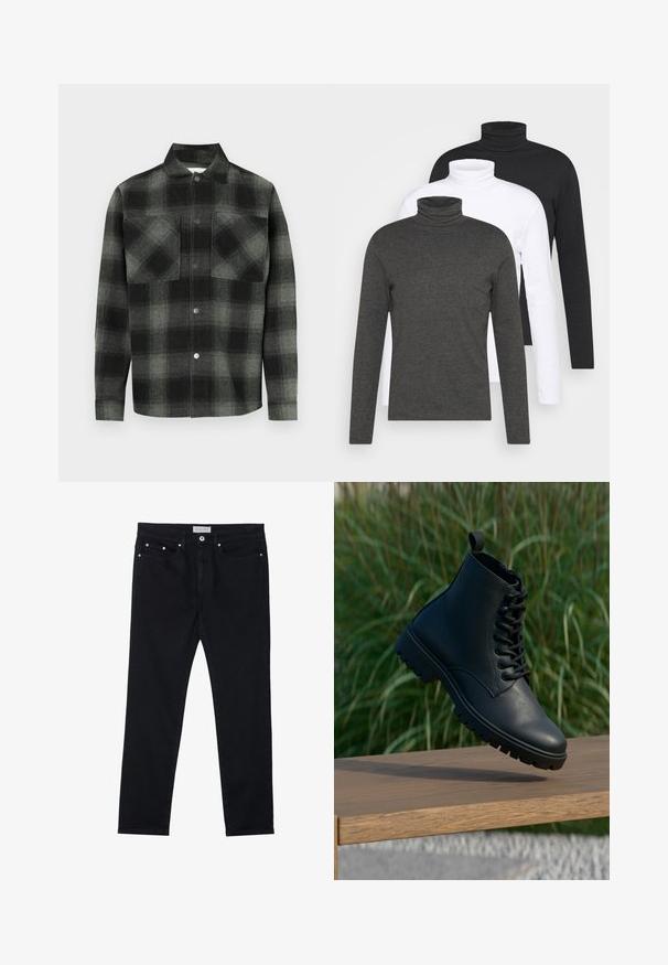 Plaid shirt in shades of black and gray, featuring a button-up front, two chest pockets, and a collar. Made of a textured fabric.; Three long-sleeve turtlenecks in dark gray, white, and black. Made of soft fabric with ribbed turtleneck design and fitted sleeves.; Black denim jeans featuring a straight leg design, five pockets, metal rivets, and a button fly closure. Soft texture with slight stretch.; Black ankle boot made of smooth leather. Features a lace-up design, round toe, and rugged sole with prominent tread. Small pull tab on heel.