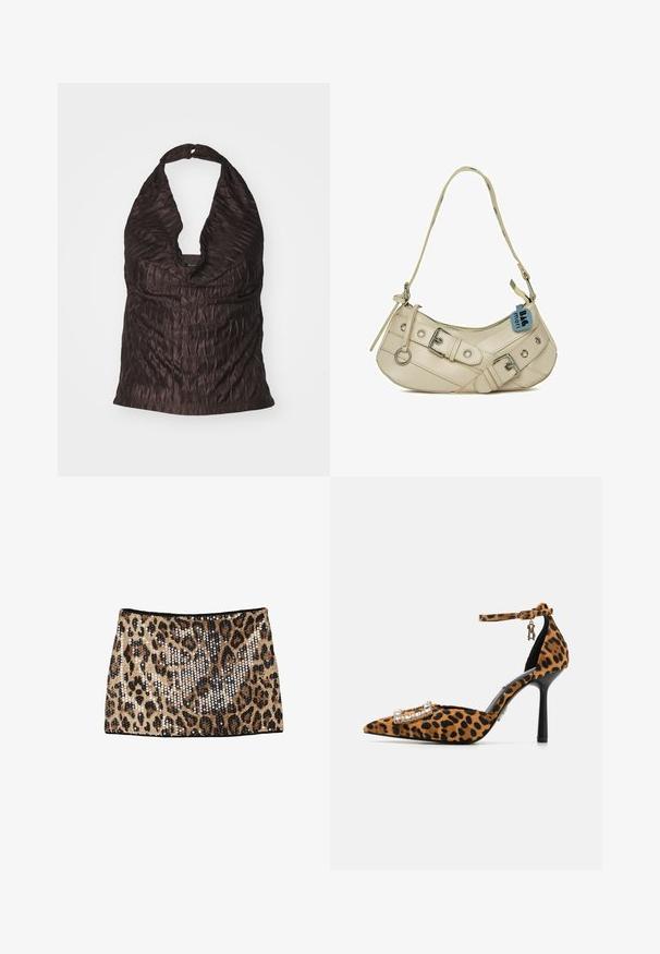Rüschenaus haltertop in Dunkelbraun mit tiefem V-Ausschnitt und einem glatten, strukturierten Stoff mit einem dezenten Glanz.; Minirock im Leopardenmuster mit goldenen und schwarzen Pailletten, tailliertem Design und schwarzem Bund.; Leopardenmuster High-Heel-Schuh mit spitzer Zehe, Samttextur, Knöchelriemen und mit Kristallen besetzter Schnalle. Schwarzer Stilettoschuh.; Cremfarbener Lederbeutel mit geschwungenem Design, ausgestattet mit silbernem Zubehör, einem Reißverschlussverschluss und dekorativen Riemen mit Ringen.