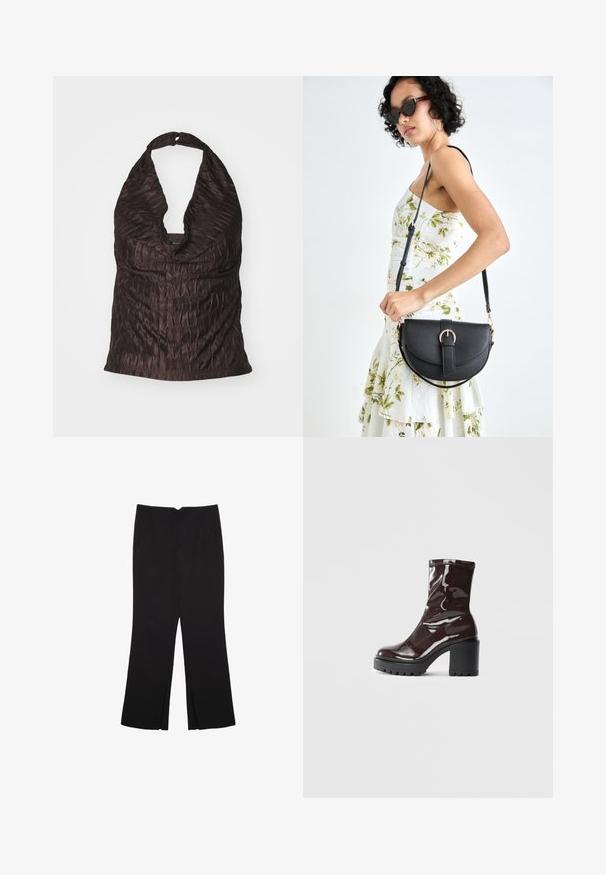 Rynket halterneck top i mørkebrunt, der har en dyb V-halsudskæring og et glat, struktureret stof med subtil glans.; Sorte bukser med lige pasform, der har frontlommer og slidser i kanten. Lavet af blødt, glat stof. Velegnet til forskellige anledninger.; Glatte burgunder ankelstøvler med en chunky sort hæl, der har en glat tekstur og et simpelt design. Ingen synlige lukninger eller mønstre.; Sort læderhåndtaske med en buet form, aftagelig rem og guldfinish. Tasken har en klap med en spænde detalje.