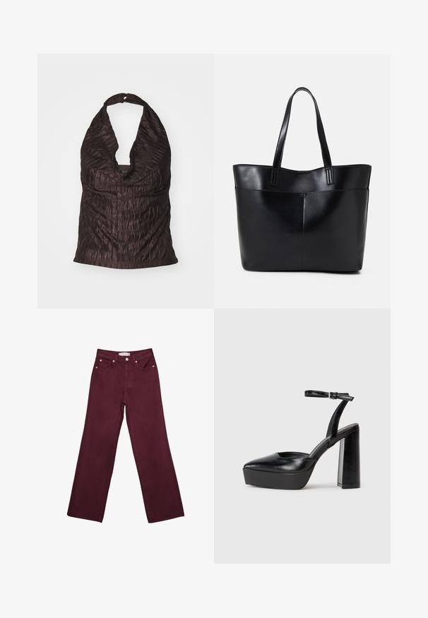 Rüschenaus haltertop in Dunkelbraun mit tiefem V-Ausschnitt und einem glatten, strukturierten Stoff mit einem dezenten Glanz.; Burgunderfarbene hochtaillierte Jeans mit geradem Bein-Design, ausgestattet mit vorderen Taschen, einem Knopfverschluss und metallischen Akzenten in Kupferfarbe.; Schwarze Plateau-High Heels mit spitzem Zeh und verstellbarem Knöchelriemen. Gefertigt aus glattem Leder und mit einem klobigen Blockabsatz.; Schwarze Leder-Shopper-Tasche mit zwei langen Griffen, einer glatten Textur und einer strukturierten Form. Verfügt über eine Vordertasche für zusätzlichen Stauraum.
