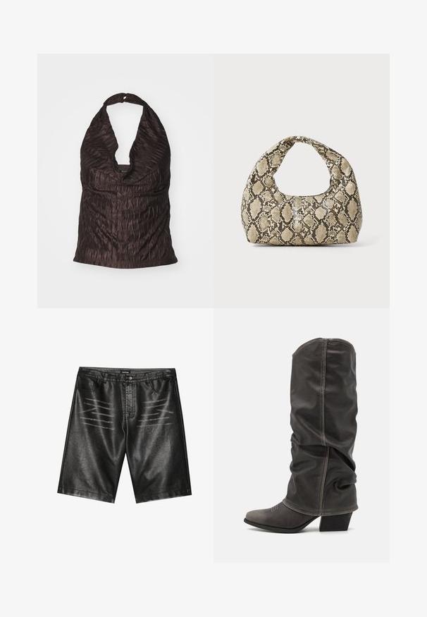 Top halter arruffato di colore marrone scuro, con profondo scollo a V e un tessuto liscio e testurizzato con un leggero luccichio.; Pantaloni corti neri in finta pelle caratterizzati da una texture liscia, cinque tasche e dettagli a strisce sottili sul davanti. Design classico a taglio dritto.; Stivali in pelle grigia al polpaccio con un design morbido, punta affilata e tacco impilato. Dettagli di cucitura evidenti nell'area della punta.; Borsa a stampa rettile con manico curvo. Realizzata in materiali testurizzati beige e marroni, presenta un distintivo motivo a rombi.