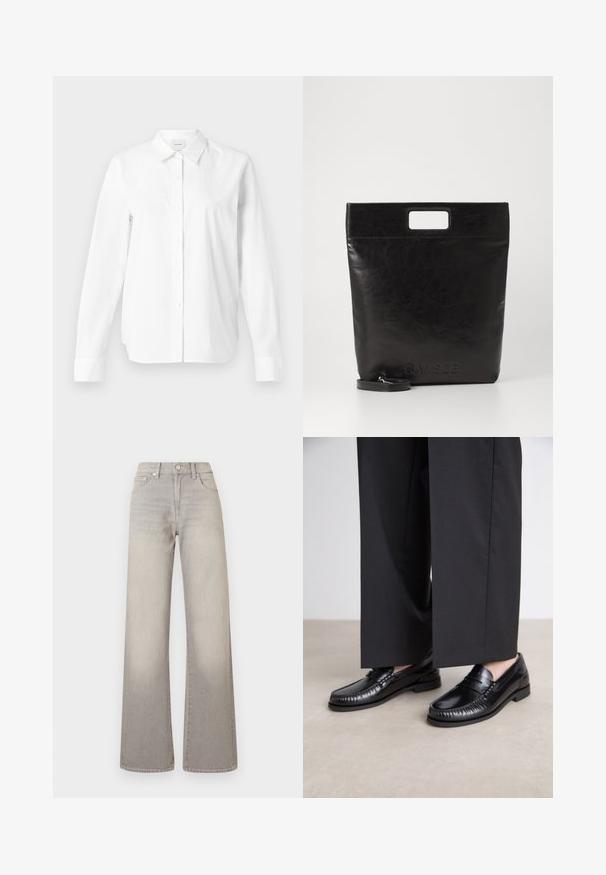White button-up shirt made of cotton. Features a classic collar, long sleeves, and a relaxed fit. No visible patterns or accents.; Gray wide-leg jeans with a faded finish, button closure, five-pocket design, and stitched detailing along the seams.; Black leather loafers with a smooth finish, stitched detailing around the toe, and a low rubber sole. Paired with wide black trousers.; Black leather tote bag with a square handle, featuring a textured finish and embossed logo. Includes a detachable strap.