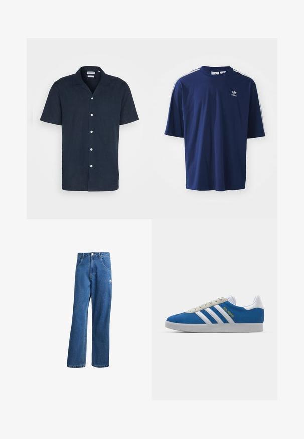 Rövid ujjú, tengerészkék, gombos ing könnyű anyagból, gallérral, hat fehér gombbal és laza fit dizájnnal.; Navy kék pamut póló rövid ujjal, kerek nyakkal, három fehér csíkkal a vállakon és egy apró fehér logóval a mellkason.; Kék, magas derekú, bő szárú farmernadrág elülső zsebekkel, övhurkokkal, gombos záródással és kicsi Adidas logóval a jobb combon.; adidas Originals ADIDAS GAZELLE SHOES - Beltéri futballcipő - real madrid/bluebird/footwear white/crew yellow