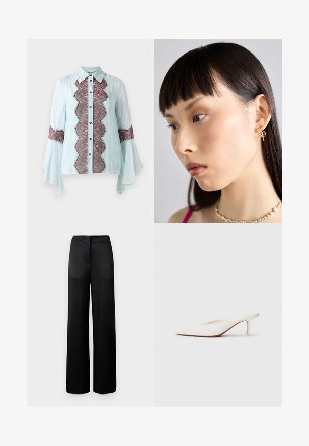 Ljusblå blus med brunt spetsdetalj och randigt mönster. Har en spetsig krage, knappstängning och utsvängda ärmar.; Breda svarta byxor med en texturerad yta, featuring en platt midja och två sidfickor. Tyget verkar vara lätt och flytande.; Spetsig tå vit mule med en låg stilettklack. Tillverkad av mjukt material med en minimalistisk design och subtila bruna souldetaljer.; Guld hoops örhänge bärs på höger öra, med en öppen design. Modellen har rakt, mörkt hår och minimal sminkning.