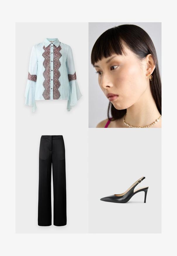 Bluză de culoare albastru deschis, cu accente din dantelă maro și un model în dungi. Prezintă un guler ascuțit, închidere cu nasturi și mâneci evazate.; Pantaloni negri cu croială largă, cu o suprafață texturată, având un tiv plat și două buzunare laterale. Țesătura pare ușoară și fluidă.; Cizme negre din piele cu toc înalt slingback, cu vârf ascuțit, curea ajustabilă și un toc stiletto elegant, având un finisaj neted.; Cercel de aur purtat pe urechea dreaptă, având un design deschis. Modelul are părul drept, închis la culoare și machiaj minim.