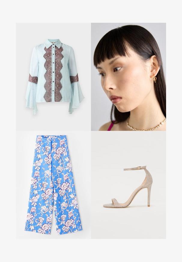 Light blue blouse with brown lace accent and striped pattern. Features a pointed collar, button closure, and flared sleeves.; Blue floral pants featuring a pastel rose pattern. The fabric is smooth with a relaxed fit, wide legs, and an elastic waistband.; Strappy high-heeled sandal in metallic rose gold, featuring a textured upper, open toe, and ankle strap with a gold buckle detail.; Gold hoop earring worn on the right ear, featuring an open design. Model has straight, dark hair and minimal makeup.