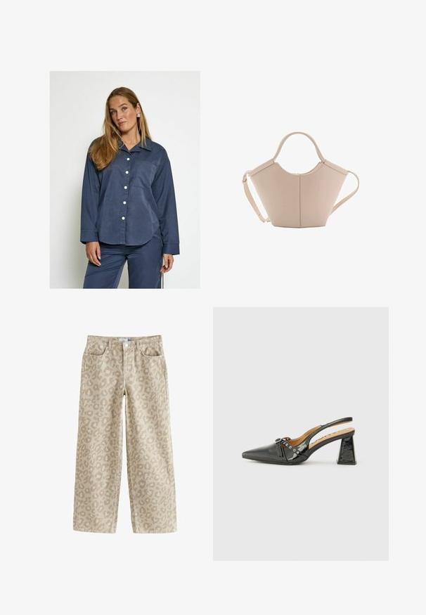 Donna con lunghi capelli biondi che indossa una camicia e pantaloni blu navy abbinati e larghi, in piedi contro uno sfondo chiaro e uniforme.; Jeans beige a gamba larga con un delicato motivo leopardato, realizzati in cotone con una texture liscia, dotati di tasche anteriori e chiusura con bottone in vita.; Scarpa slingback in vitello laccato nero con punta affusolata, tacco triangolare e cinturino decorativo con dettagli in argento. Texture liscia.; Borsa in pelle beige con una forma unica, caratterizzata da due manici corti e una lunga tracolla regolabile. Texture liscia con hardware minimale.
