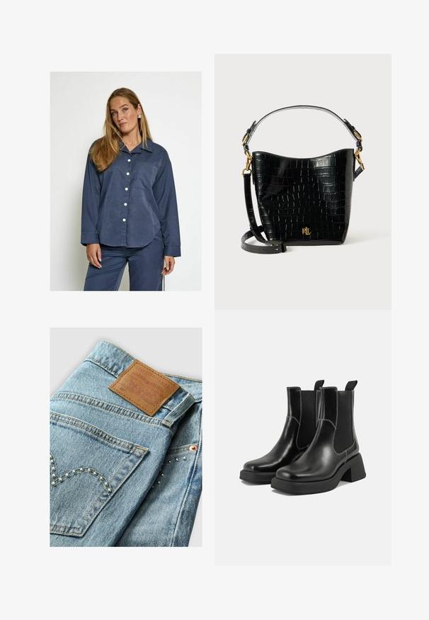 Kvinna med långt blont hår, iklädd en matchande lös marinblå skjorta med knappar och byxor, stående mot en enkel ljus bakgrund.; Levi's® CROP - Jeans straight leg - hidden happiness; Svarta läder Chelsea-boots med en kraftig klack, elastiska sidpaneler och kontrasterande vit sömnad. Texturerad yta.; Svart krokodilpräglad läderväska med en bågformad design, guldfärgade detaljer, en justerbar rem och en logodetalj framtill.
