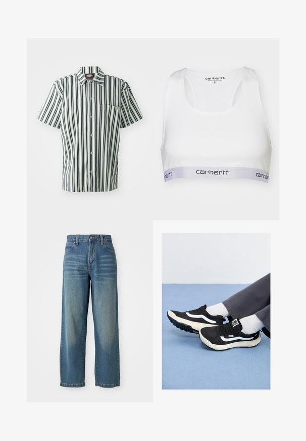 Camisa de manga curta com riscas verticais pretas e brancas, com botões na frente e um bolso no peito. Feita de tecido leve com um design de gola.; Sutiã desportivo branco com um tecido suave, design de costas nadadora e uma faixa elástica cinza com o logótipo da Carhartt em preto. Tamanho pequeno.; Jeans de ganga largos de cintura alta, em azul claro, com cinco bolsos e um acabamento ligeiramente desbotado. Apresenta um fecho com botão e zip.; Sapatilhas pretas com detalhes brancos, materiais em malha e borracha, apresentando uma sola texturizada e aba no calcanhar. Usadas com meias brancas e calças cinzentas.
