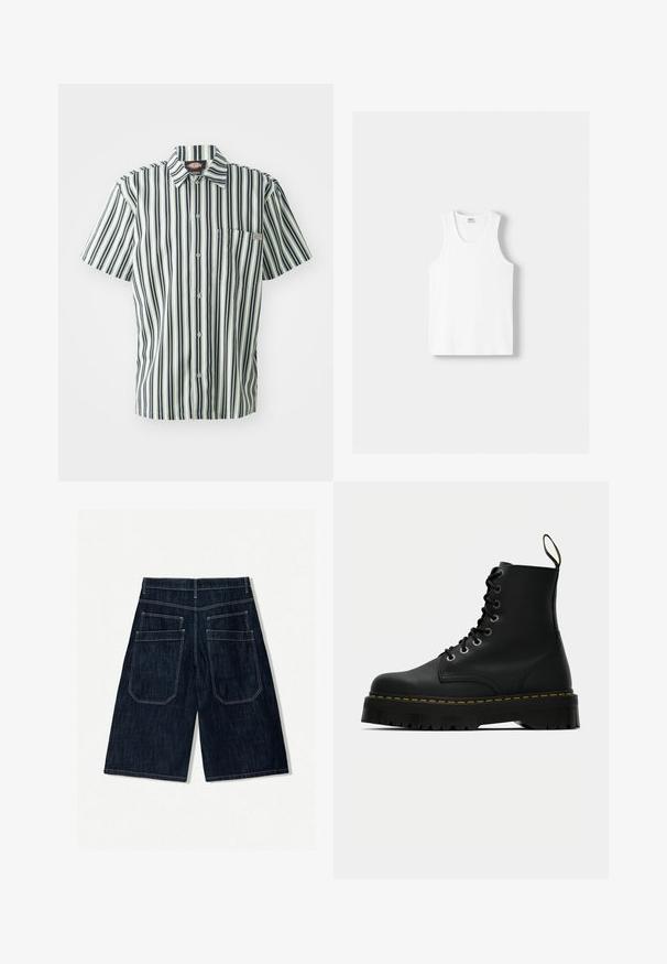 Kratka majica s kratkimi rokavi, ki ima navpične črno-bele črte, zapenjanje na gumb in žep na prsih. Narejena je iz lahkega materiala s kragnim dizajnom.; Bela bombažna majica brez rokavov z okroglo izrezom, širokimi naramnicami in ravnim robom, ki se ponaša z gladko teksturo in brez vidnih vzorcev.; Temno modri jeans kratke hlače ohlapnega kroja, z dvema zadnjima žeprakoma, kontrastnim šivanjem in ravnim krojem. ; Črne usnjene čipkaste gležnjarje z robustnim strukturiranim gumijastim podplatom in podrobnostmi v rumeni barvi okoli platforme.