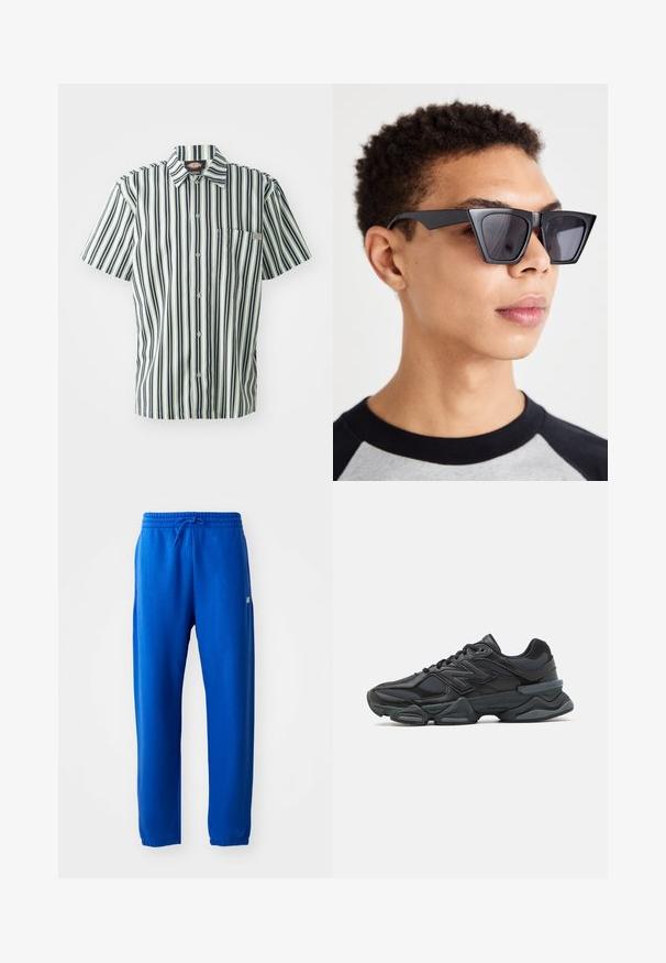 Kratší rukávová košile s vertikálními černobílými pruhy, s knoflíkovým zapínáním vpředu a kapsou na prsou. Vyrobena z lehkého materiálu s límcovým designem.; Modré tepláky vyrobené z měkké látky, s elastickým pasem na šňůrku, zúženými nohavicemi a malým logem na boku.; Černá běžecká bota s kombinací síťoviny a syntetických materiálů, masivní podešev, zakřivený design a výrazné logo na boku.; Černé úhlové sluneční brýle s tmavými skly, které mají výrazný geometrický design a matný povrch. Nosí je osoba s krátkými vlasy.