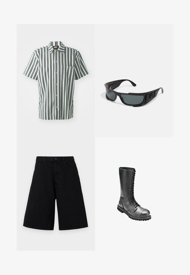 Camicia a maniche corte con righe verticali bianche e nere, chiusura con bottoni e taschino sul petto. Realizzata in tessuto leggero con design a colletto.; Shorts in denim nero con una vestibilità comoda, caratterizzati da un classico design a cinque tasche e chiusura con bottone, texture liscia e taglio dritto.; Stivali da combattimento in pelle nera, con lacci, alto gambale, punta rotonda, colletto imbottito e suola in gomma texturizzata per una migliore aderenza.; Occhiali da sole con montatura in plastica nera, lenti grigie, design avvolgente, dettagli laterali e un logo sul tempio.