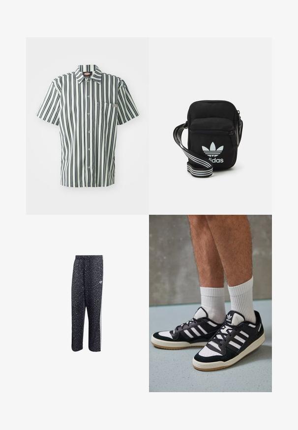 Korte mouwen shirt met verticale zwart-wit strepen, knoopsluiting aan de voorkant en een borstzak. Gemaakt van lichtgewicht stof met een kraagontwerp.; Zwarte sportbroek met een luipaardpatroon, voorzien van een witte drie-strepenontwerp en een logo van een sportmerk aan de zijkant.; Zwart-witte sneakers met een bovenwerk van suede en leer, voorzien van drie witte strepen, een geperforeerde neus en een rubberen gumzool.; Zwarte stoffen schoudertas met een ritssluiting, voorzien van een wit Adidas-logo en een gestreepte, verstelbare schouderband voor gemakkelijk dragen.