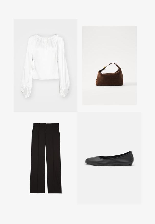 White long-sleeve blouse in smooth fabric, featuring a gathered neckline, drawstring detail, and elasticized cuffs with round openings.; Black tailored trousers made of a smooth fabric, featuring a straight-leg design, and two side pockets. Elegant and minimalistic construction.; Black leather ballet flat with a rounded toe, smooth texture, minimal stitching detail, and a flexible sole design.; Brown suede handbag with a curved shape, short handle, and gold hardware accents. Smooth texture and minimalistic design.