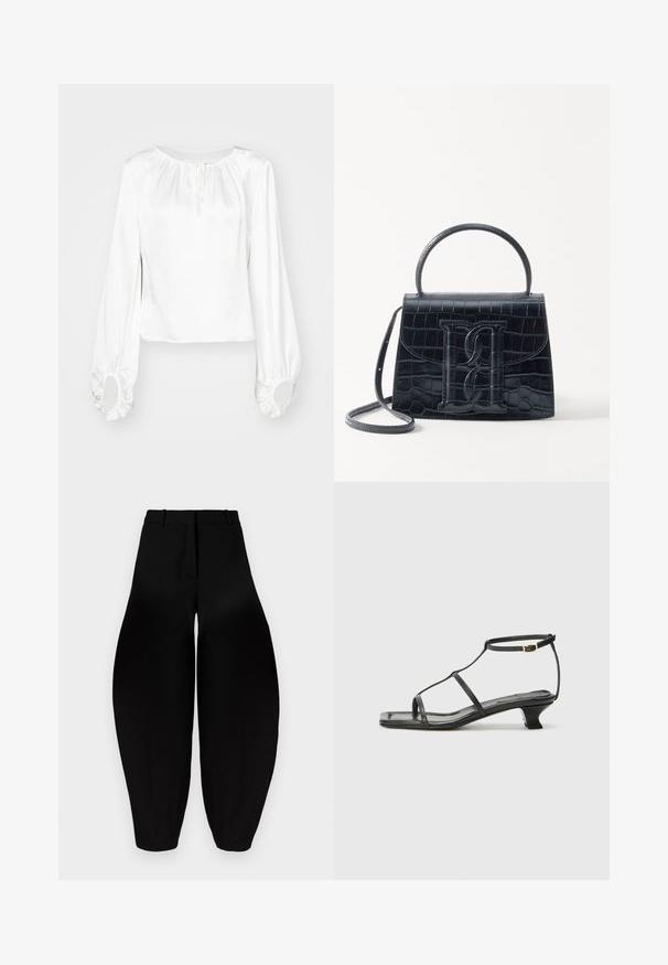 Blusa blanca de mangas largas en tela suave, con escote fruncido, detalle de cordón y puños elásticos con aberturas redondas.; Pantalones negros de pierna ancha con cintura alta, frente plisado y tobillos estrechos. Fabricados en un tejido suave con acabado mate.; Sandal de cuero negro con punta cuadrada, correas delgadas, correa ajustable en el tobillo y un tacón bajo. Presenta un pequeño detalle dorado en la correa.; Bolso de mano de cuero negro con estampado de cocodrilo, diseño estructurado, asa superior, correa ajustable y un destacado detalle del logotipo en la parte frontal.