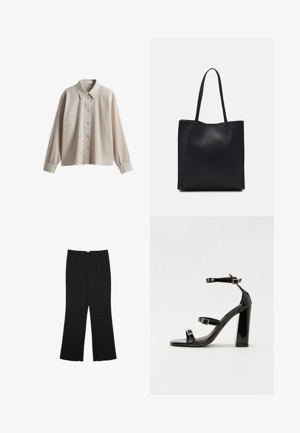 Helles beiges Hemd mit Knöpfen aus strukturiertem Stoff, ausgestattet mit einem spitzen Kragen und langen Ärmeln, das mit vertikalen Ripplinien gestaltet ist.; Schwarze Hose mit geradem Schnitt, ausgestattet mit Fronttaschen und Seitenschlitzen am Saum. Hergestellt aus weichem, glattem Stoff. Geeignet für verschiedene Anlässe.; Schwarze patentierte Sandalen mit Absatz, quadratischer Spitze, Knöchelriemen und silbernen Schnallen. Mit einem stabilen Blockabsatz für mehr Stabilität.; Schwarze Laptoptasche aus Leder mit glatter Textur, rechteckiger Form und zwei langen Griffen. Keine sichtbaren Beschläge oder Verzierungen.