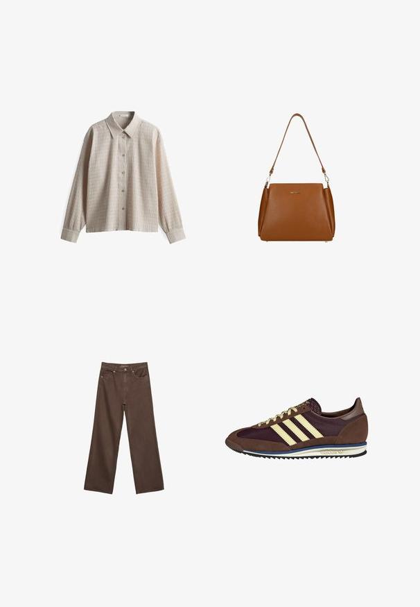 Light beige button-up shirt with a textured fabric, featuring a pointed collar and long sleeves, designed with vertical ribbed lines.; Wide-leg brown jeans made of denim, featuring a high waist, front pockets, and a classic button closure. Smooth texture with subtle stitching.; Brown and burgundy sneaker with suede and mesh materials, featuring three cream stripes, textured fabric on the tongue, and a rubber sole.; Brown leather handbag with a textured surface, a single shoulder strap, and a subtle logo on the front. Features a structured design.