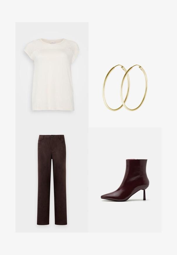 ONLY Carmakoma CARFLAKE LIFE S/S MIX JRS - Lihtne T-särk - ecru; Sirgeda tumepruunest seemisnahast püksid, millel on ees nupp ja tõmblukk, pentsi aasad ning küljetaskud.; Burgundi patendnahast pahklu saapad terava ninaga ja slim stilettokanna, millel on sile ja läikiv tekstuur ning minimalistlik disain.; Kuldne rõngaskõrvarõngad, millel on sujuv ja ümar disain, ning läikiv viimistlus. Kerge konstruktsioon koos kindla klambriga.