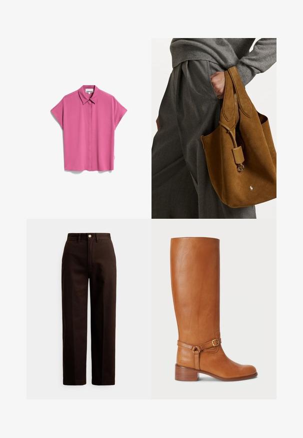 ARMEDANGELS LARISAANA - Overhemdblouse - crushed berry; Donkerbruine, rechte broek met knoop- en ritssluiting, riemlussen en steekzakken aan de voorkant tegen een witte achtergrond.; Hoge bruine leren laarzen met een gladde afwerking, voorzien van een zijkantgesp en een gestapelde hak. De schacht heeft een strakke, ongecompliceerde uitstraling.; Bruine suède tote bag met een ronde vorm, dubbele handvatten en een metalen hardware accent. Heeft een klein logo aan de voorkant.