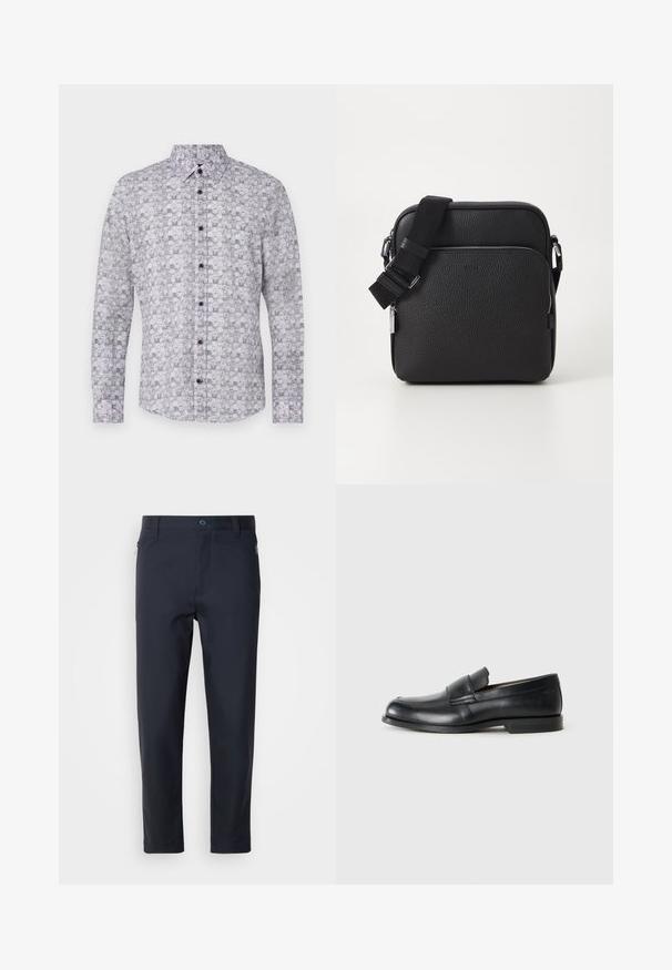 Šviesiai violetinė ilgomis rankovėmis marškinėliai su pasikartojančiu geometriniu raštu. Yra mygtukų apykaklė ir penki tamsūs mygtukai priekyje.; Tamsiai mėlynos pritaikytos kelnės, pagamintos iš sklandžios medžiagos, su užtrauktuku užsegama kišene, tiesiomis kojomis ir mygtuko užsegimu juosmens srityje.; Juodi odiniai loafersai su apvaliu nosimi, siuvinėjimo detalėmis ir plokščiu guminiu padu. Yra plati juostelė per pėdos vidurį.; Juodas odinis per petį nešiojamas krepšys su tekstūruotu paviršiumi, turintis priekinį užtrauktuką, reguliuojamą juostą ir metalinius akcentus.