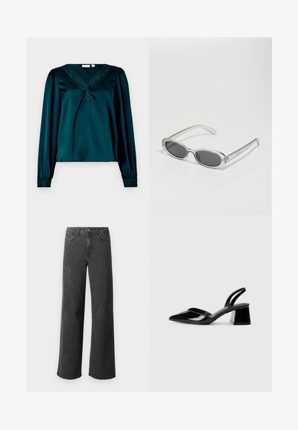 Blusa de cetim verde-água com mangas longas, decote em v com rendinha, e punhos elásticos com detalhes florais. Textura suave e lisa.; Calças de perna larga em denim cinza escuro, apresentando uma textura sutil de padrão zebra, costura em contraste e um design de cinco bolsos com fecho de botão.; Sandy em verniz preto com salto slingback, ponta afilada e salto geométrico. Apresenta um design elegante e minimalista com textura suave.; Óculos de sol com formato oval, armação de plástico transparente, lentes cinza-escuro e hastes finas transparentes com detalhes do logótipo e um design minimalista.