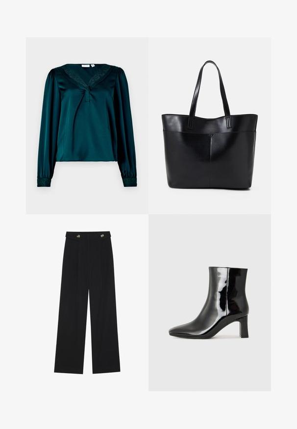 Mėlynos satino palaidinės su ilgomis rankovėmis, V formos iškirpte, puošta nėriniais, ir elastingais rankogaliais su gėlių raštais. Minkšta, lygi tekstūra.; Juodi plačios kojos kelnės su aukštu liemeniu, sagų detalėmis ant liemens ir priekinėmis raukšlėmis.; Juodos lakuotos odinės aulinukės su smailiu pirštu ir vidutinio aukščio blokuotu kulnu. Lygus paviršius ir minimalistinis dizainas.; Juoda odinė rankinė su dviem ilgais diržais, lygiu paviršiumi ir struktūrizuota forma. Yra priekinė kišenė papildomam saugojimui.