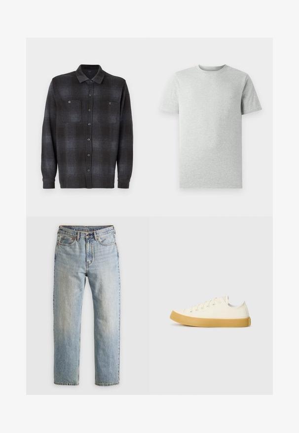 Langärmliges Hemd mit Knöpfen im schwarz-dunkelgrauen Karomuster, ausgestattet mit zwei Brusttaschen und einem klassischen Kragen. Glatte Stofftextur.; Ein einfarbiges, hellgraues T-Shirt mit kurzen Ärmeln und Rundhalsausschnitt, auf einem weißen Hintergrund, Frontansicht, ohne sichtbare Logos oder Designs.; Helle blaue Jeans mit hoher Taille, Frontknopf, Reißverschluss und fünf Taschen-Design, flach auf einem neutralen Hintergrund ausgelegt.; Leinensneaker in Off-White mit runder Zehenpartie, ausgestattet mit beigen Gummisohlen und fünf Ösen für Schnürsenkel, mit strukturiertem Finish auf dem Obermaterial.