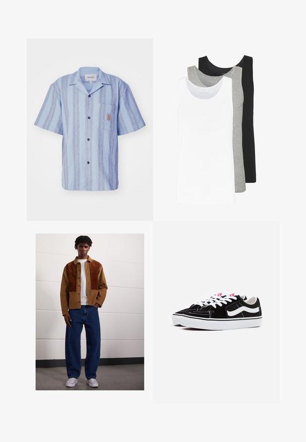 Carhartt WIP DODSON - Hemd - misty sky; Drei Tanktops in Weiß, Grau und Schwarz. Jedes hat ein klassisches ärmelloses Design und besteht aus leichtem Baumwollstoff mit einer Rippstruktur.; Mann steht drinnen und trägt eine braune Cordjacke mit Rostflecken, ein weißes T-Shirt, lockere blaue Jeans und weiße Sneakers.; Schwarze Wildleder-Sneaker mit weißen Schnürsenkeln, die einen auffälligen weißen Seitenstreifen und eine schwarze Gummisohle aufweisen, mit kontrastierenden Nähdetails.