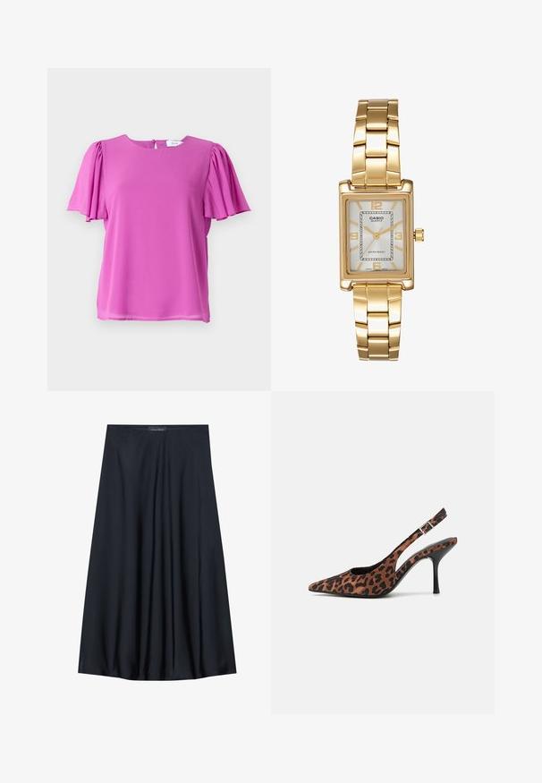 Top scurt roz cu mâneci scurte, guler rotund și detalii pliate la mâneci, realizat dintr-un material ușor. Închidere cu nasturi la spate.; Fustă neagră, până la genunchi, fabricată dintr-un material ușor, cu un design fluid. Prezintă o textură netedă și pliseuri subtile pentru un detaliu suplimentar.; Sandale cu toc înalt din materiale cu imprimeu de leopard, cu vârf ascuțit, toc lucios negru și curea pentru gleznă ajustabilă. Material moale cu un finisaj texturat.; Ceas de mână rectangular cu nuanță aurie, cu un cadran alb, marcaje argintii pentru ore și o brățară din linkuri metalice durabile. Include caracteristica de rezistență la apă.