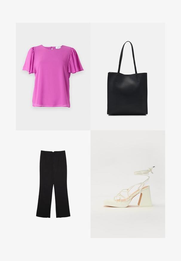 Rosa kortærmet top med rund halsudskæring og plisserede ærmedetaljer, lavet af letvægtsstof. Lukning med knap på ryggen.; Sorte bukser med lige pasform, der har frontlommer og slidser i kanten. Lavet af blødt, glat stof. Velegnet til forskellige anledninger.; Hvide højhælede sandaler med en kraftig hæl, der har et stropdesign og ankelbinding. Glat tekstur med en platform foran for ekstra højde.; Sort læder tote taske med glat tekstur, rektangulær form og to lange hanke. Ingen synlig hardware eller udsmykninger.