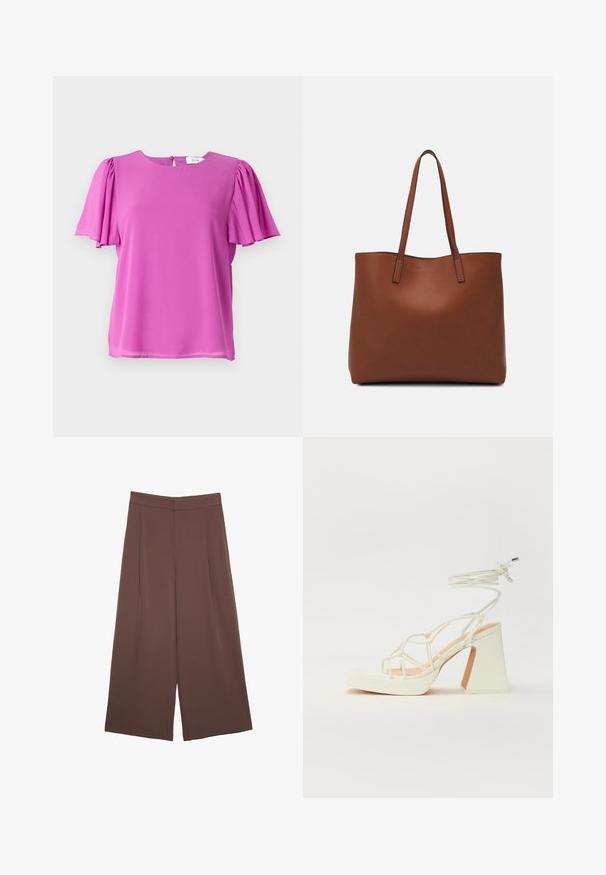 Top rosa a maniche corte con scollatura rotonda e dettagli manica plissettati, realizzato in tessuto leggero. Chiusura posteriore con bottoni.; Pantaloni ampi marroni con una texture liscia, caratterizzati da una vita alta e pieghe frontali. Il tessuto è leggero e scorre liberamente.; Sandalo bianco con tacco alto, caratterizzato da un design a cinturini e un legaccio alla caviglia. Texture liscia con una piattaforma frontale per un'altezza aggiuntiva.; Borsa tote in pelle marrone con texture liscia, design con apertura superiore e due spallacci. Presenta cuciture minime e nessun hardware visibile.