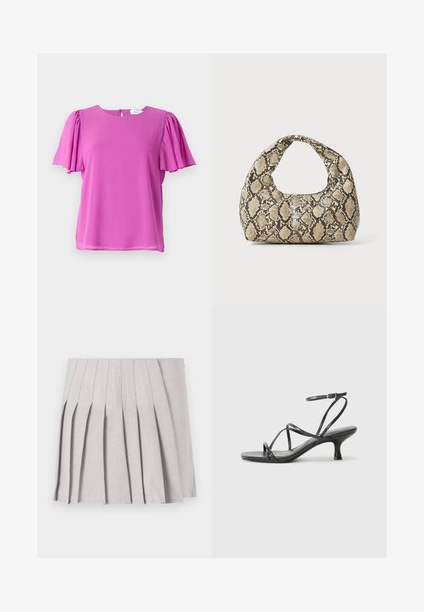 Top rosa de manga curta com decote redondo e detalhes de mangas plissadas, feito em tecido leve. Fecho posterior com botões.; Saia cinza plissada com uma textura suave, apresentando múltiplos pregas verticais e uma cintura ajustada. Feita de tecido leve.; Sandálias pretas de salto alto com tiras finas, design aberto na ponta e um pequeno salto largo. O material parece suave e brilhante.; Bolsa com padrão de pele de cobra e uma alça curva. Feita de materiais texturizados em bege e castanho, apresentando um padrão de diamante distintivo.