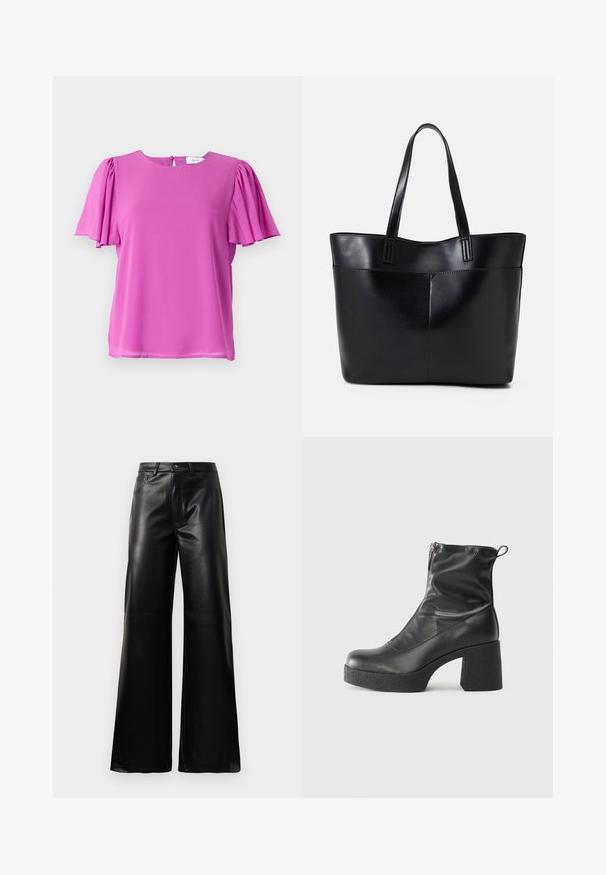 Rosa kortærmet top med rund halsudskæring og plisserede ærmedetaljer, lavet af letvægtsstof. Lukning med knap på ryggen.; Sorte high-waisted bukser i bred ben i imiteret læder med forreste knap, lynlås, bæltestropper og sidelommer på hvid baggrund.; Sorte ankelstøvler lavet af glat læder, med en sidelukning, kraftig struktureret hæl og rundt tådesign.; Sort læder tote taske med to lange håndtag, en glat tekstur og en struktureret form. Har en forlommem for ekstra opbevaring.