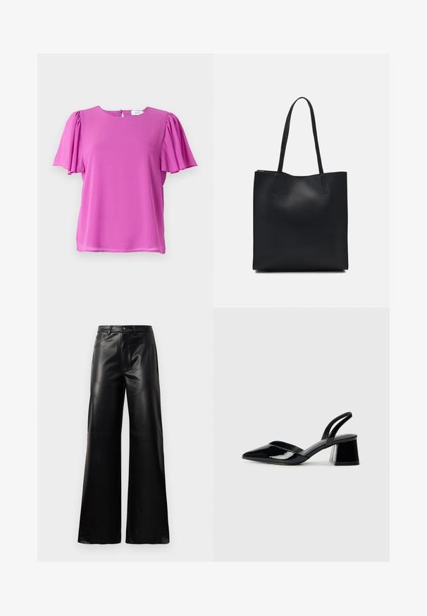 Różowa bluzka z krótkim rękawem, okrągłym dekoltem i plisowanymi detalami rękawów, wykonana z lekkiego materiału. Zapięcie z guzikiem z tyłu.; Czarne, wysokie na talii, szerokie spodnie z sztucznej skóry z guzikami z przodu, zapięciem na zamek, szlufkami na pasek i bocznymi kieszeniami na białym tle.; Czarne lakierowane półbuty na obcasie z wydłużonym noskiem i geometrycznym słupkiem. Charakteryzują się eleganckim, minimalistycznym designem oraz gładką fakturą.; Czarna skórzana torba tote o gładkiej fakturze, prostokątnym kształcie i dwóch długich uchwytach. Brak widocznych elementów metalowych i ozdób.