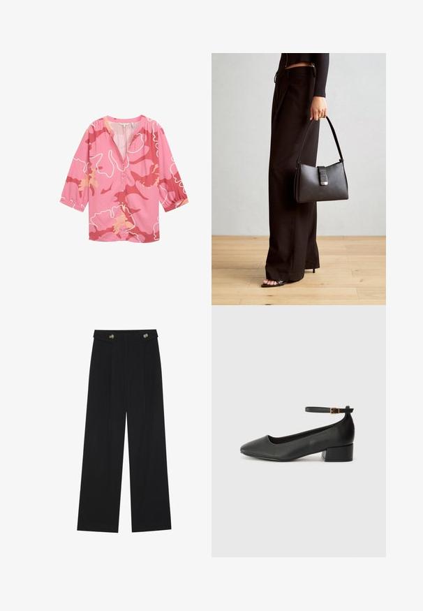 Roze blouse met een abstract patroon in donkerdere roze en perziktinten, met een V-hals, knoopsluiting aan de voorkant en driekwartmouwen.; Zwarte wijde broek met hoge taille, knoopdetails op de tailleband en plooien aan de voorkant.; Zwarte leren pump met een spitse neus en een lage blokhak. Beschikt over een enkelband met een goudkleurige gespsluiting. Gladde textuur.; Zwarte handtas met gestructureerde vorm, gladde textuur en een metalen sluiting. Gecombineerd met brede zwarte broeken en sandalen met open teen op een houten vloer.