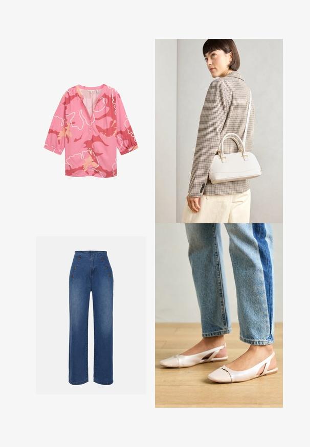 Roza bluzica z abstraktnim vzorcem v temnejših roza in breskvenih odtenkih, z V-izrezom, sprednjim zapenjanjem na gumbe in tričetrtnimi rokavi.; Hlače iz jeansa z visokim pasom v srednje modri barvi. Imajo okrasne gumbe spredaj in širok kroj. Tkanina ima gladko teksturo z rahlim zbledelostjo.; Svijetloružičaste slingback balerinke s šiljastim nožnim prstima, napravljene od glatkog materijala nalik koži. Imaju izrezane detalje sa strane i ravne pete.; Bela strukturirana torba z kratkimi ročaji in naramnim trakom, z zlatimi okrasnimi elementi in teksturiranim materialom, prikazana na sivi podlagi.
