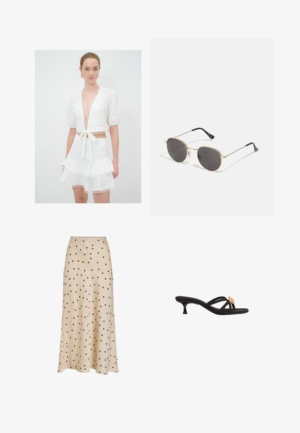 Set aus weißem Crop-Top und gestuftem Minirock aus strukturiertem Stoff, mit tiefem V-Ausschnitt, Puffärmeln und dekorativem Besatz entlang der Kanten.; Weißes Trägertop mit tiefem V-Ausschnitt und gerafftem Stoffdetail an den Seiten. Hergestellt aus glattem, dehnbarem Material.; Beige Midi-Rock aus glattem Material mit einem durchgehenden schwarzen Punktemuster, leicht ausgestellt und mit Schlitzdetail.; Schwarze Riemchensandalen mit dünnen, übereinanderliegenden Riemen. Mit einem kleinen, verjüngten Absatz und einem goldenen Akzentdetail am Riemen. Glatte Textur.; Runde Sonnenbrillen mit dunklen Gläsern, dünnem goldfarbenem Metallrahmen, Kunststoff-Tempelenden und verstellbaren Nasenpads. Minimalistisches Design mit klassischem Look.