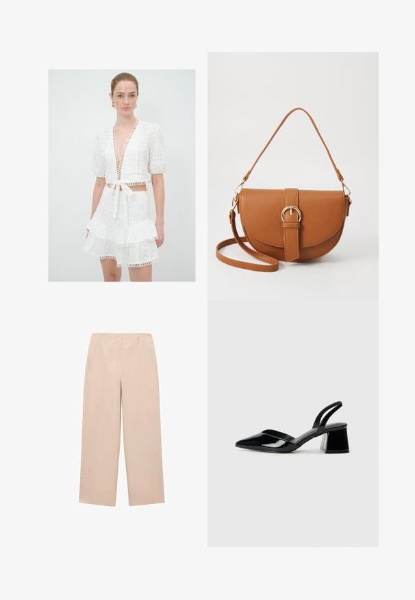 Set di top corto bianco e mini gonna a strati realizzato in tessuto testurizzato, con scollatura a V profonda, maniche a sbuffo e rifiniture decorative lungo i bordi.; Pantaloni beige a gamba larga realizzati in tessuto liscio, con un frontale piatto dotato di passanti per cintura e senza motivi o decorazioni visibili.; Décolleté in vernice nera con punta affusolata e tacco in geometria cubica. Presentano un design elegante e minimalista, con una texture liscia.; Borsa a tracolla in pelle marrone con forma curvata, hardware dorato e un dettaglio con fibbia. Presenta una tracolla rimovibile.